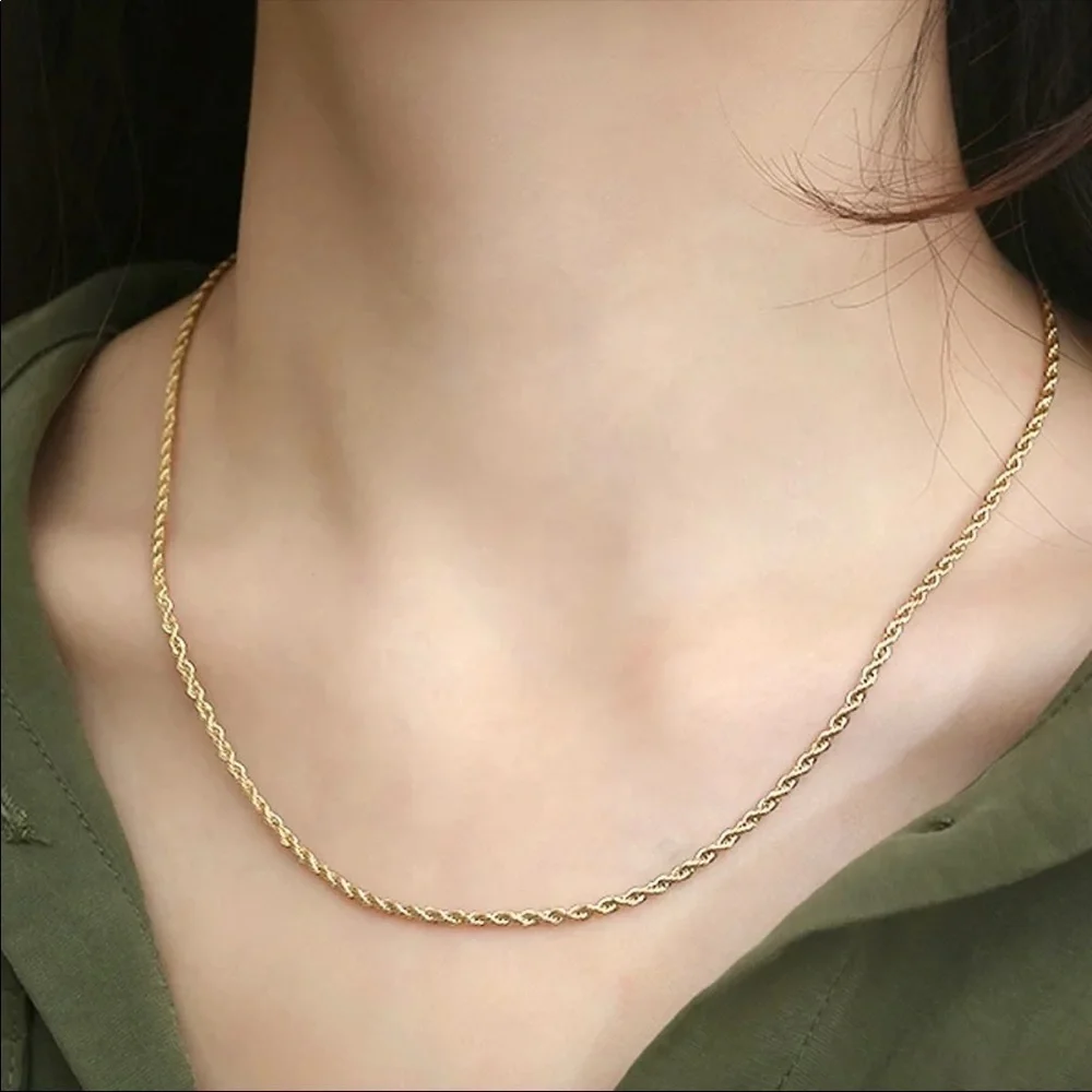 14K gold plated stainless steel twisted rope necklace 24 inches, 3mm
